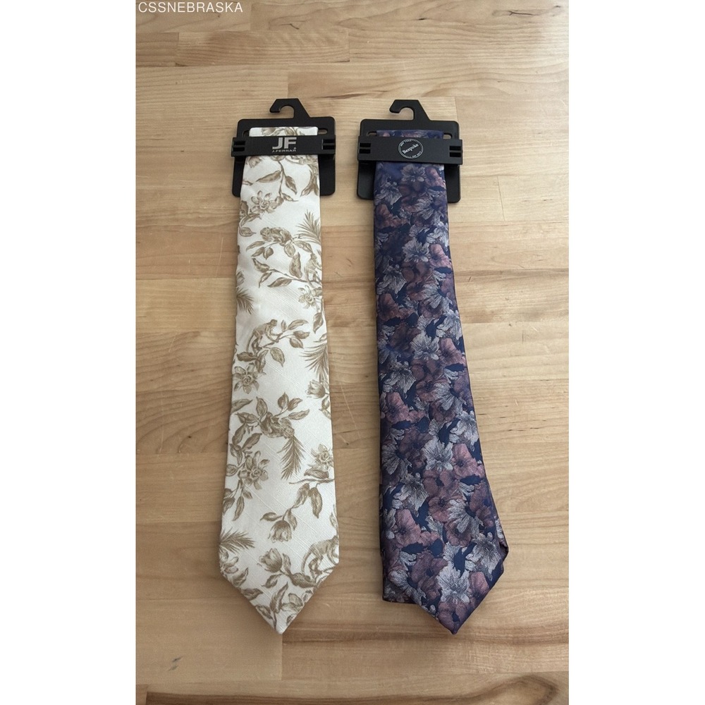 Bespoke New York & J.Ferrar Men's 2-Piece Necktie Lot Floral Brocade Taupe NWT